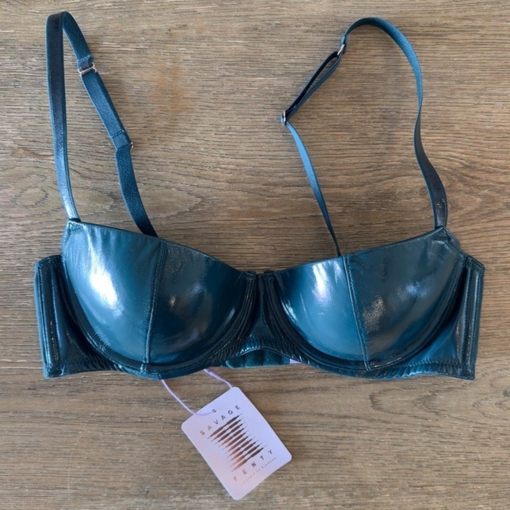 NWT Savage X Fenty Leather Tease Vinyl Low Cut ‎ Balconette Bra 36C-Hunter Green
